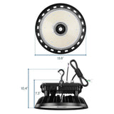 ufo led high bay light shown front and side view with hanging hook and power cord