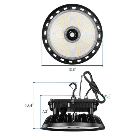 ufo led high bay light shown front and side view with hanging hook and power cord
