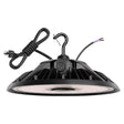Black UFO LED high bay light with hanging hook, power cord, and selectable settings on top housing