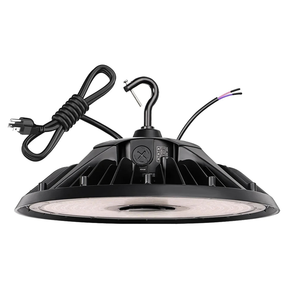 Black UFO LED high bay light with hanging hook, power cord, and selectable settings on top housing