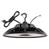 Black UFO LED high bay light with hanging hook, power cord, and selectable settings on top housing
