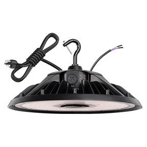 Black UFO LED high bay light with hanging hook, power cord, and selectable settings on top housing