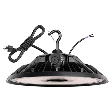 Black UFO LED high bay light with hanging hook, power cord, and selectable settings on top housing
