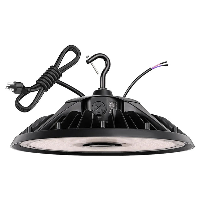 Black UFO LED high bay light with hanging hook, power cord, and selectable settings on top housing
