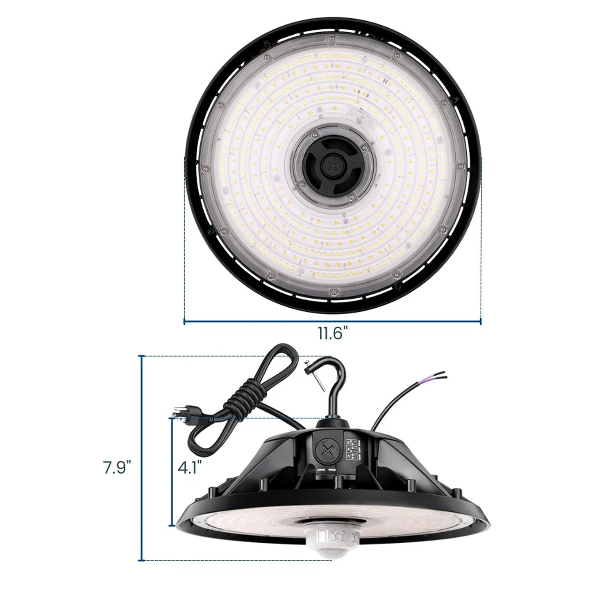 Round UFO LED high bay light with sensor-ready housing, power cord, and dimensions shown