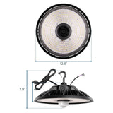 UFO LED high bay light with integrated motion sensor and hanging hook, shown front and side with dimensions