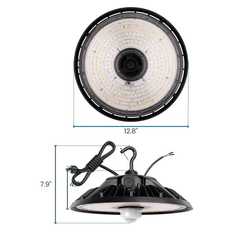 UFO LED high bay light with integrated motion sensor and hanging hook, shown front and side with dimensions