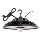 UFO LED high bay light with motion sensor, hanging hook, and selectable wattage switch