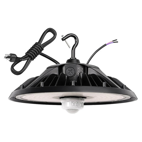 UFO LED high bay light with motion sensor, hanging hook, and selectable wattage switch