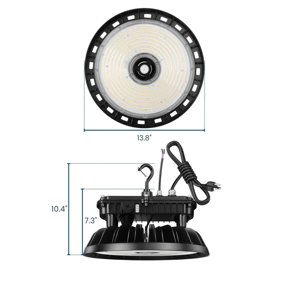 UFO LED high bay light with selectable wattage and black housing, shown with dimensions and hanging hook