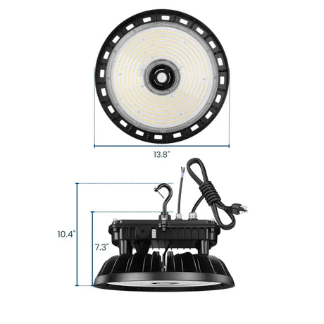 UFO LED high bay light with selectable wattage and black housing, shown with dimensions and hanging hook