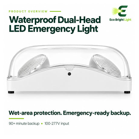 White waterproof dual-head LED emergency light with clear cover, 90+ minute backup, and 100-277V input