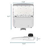 White LED area light with adjustable mounting arm and labeled dimensions, front and side views