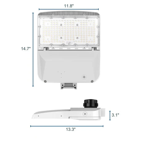 White LED area light with adjustable mounting arm and labeled dimensions, front and side views