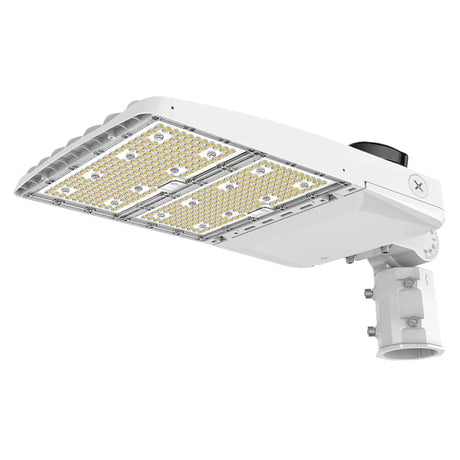 White LED area light with adjustable mounting arm and multi-LED panel for parking lot lighting