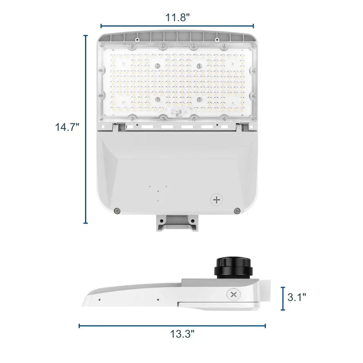 white led area light shown front and side with dimensions and adjustable mounting arm