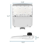 white led area light shown front and side with dimensions and adjustable mounting arm