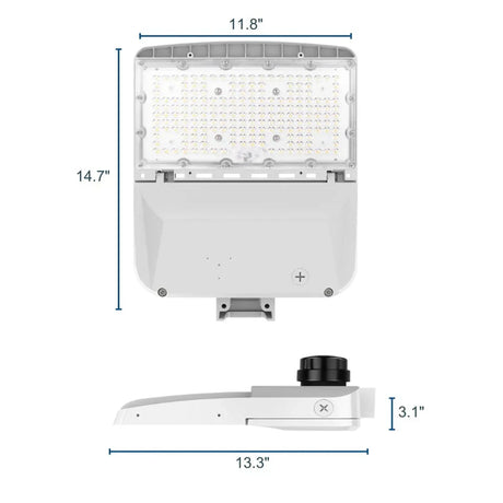 white led area light shown front and side with dimensions and adjustable mounting arm