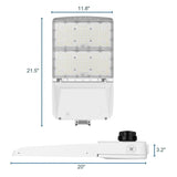 White LED area light shown with front and side views, featuring a rectangular housing and adjustable mounting arm