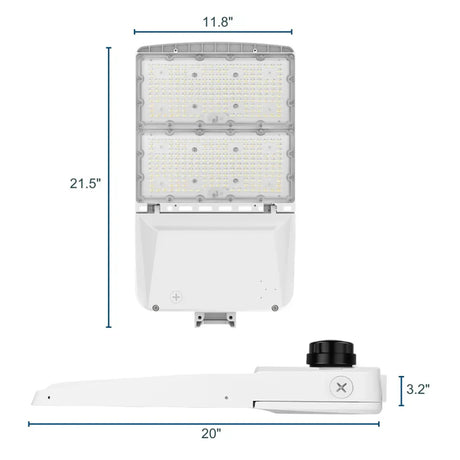 White LED area light shown with front and side views, featuring a rectangular housing and adjustable mounting arm