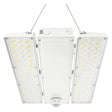 White linear high bay LED light with adjustable wattage and motion sensor for warehouse ceilings