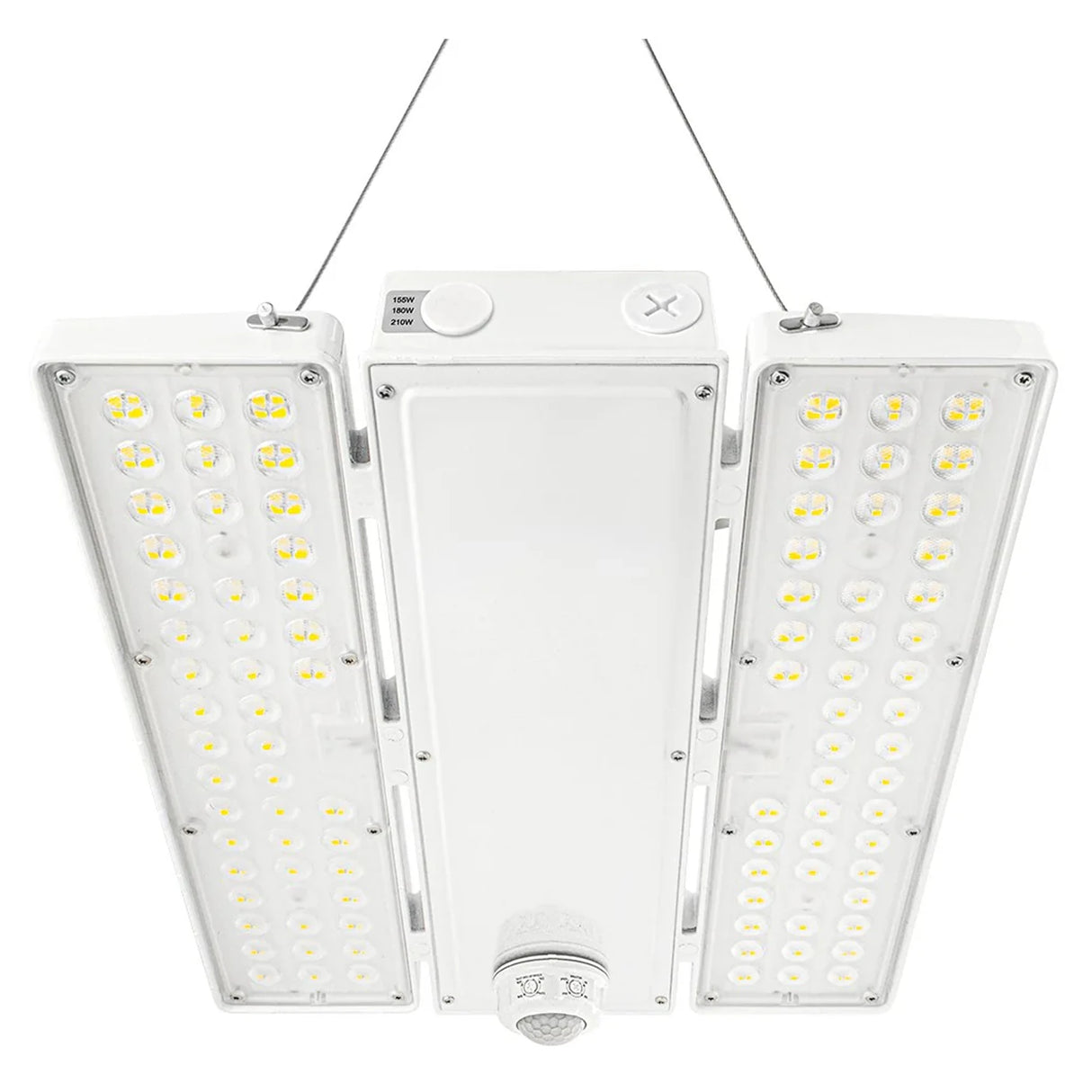 White linear high bay LED light with adjustable wattage and motion sensor for warehouse ceilings