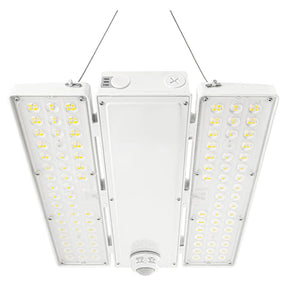 White linear high bay LED light with adjustable wattage and motion sensor for warehouse ceilings