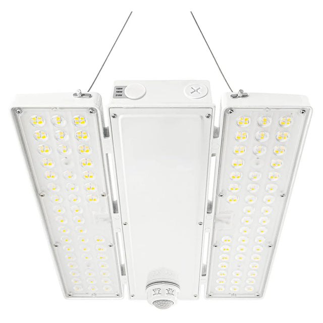 White linear high bay LED light with adjustable wattage and motion sensor for warehouse ceilings