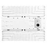 Back view of a white linear high bay LED fixture with selectable settings and mounting hardware