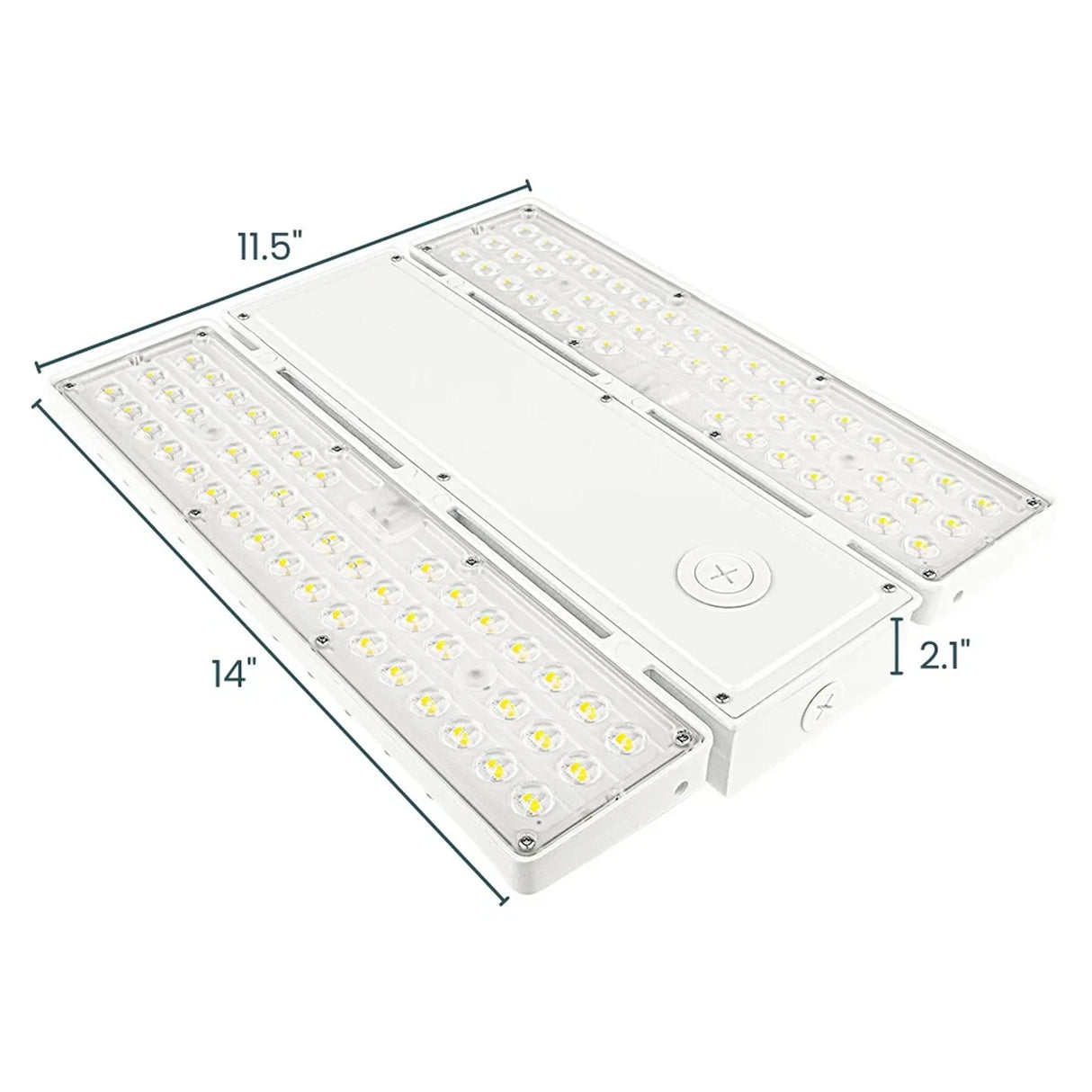 White linear high bay LED fixture with dual light panels and measured dimensions on a clean background