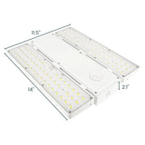 White linear high bay LED fixture with dual light panels and measured dimensions on a clean background