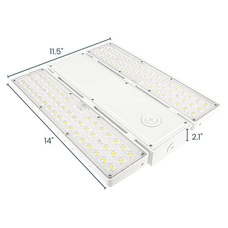 White linear high bay LED fixture with dual light panels and measured dimensions on a clean background