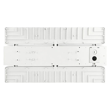 Back view of a white linear high bay LED fixture with aluminum heat sinks and selectable control module