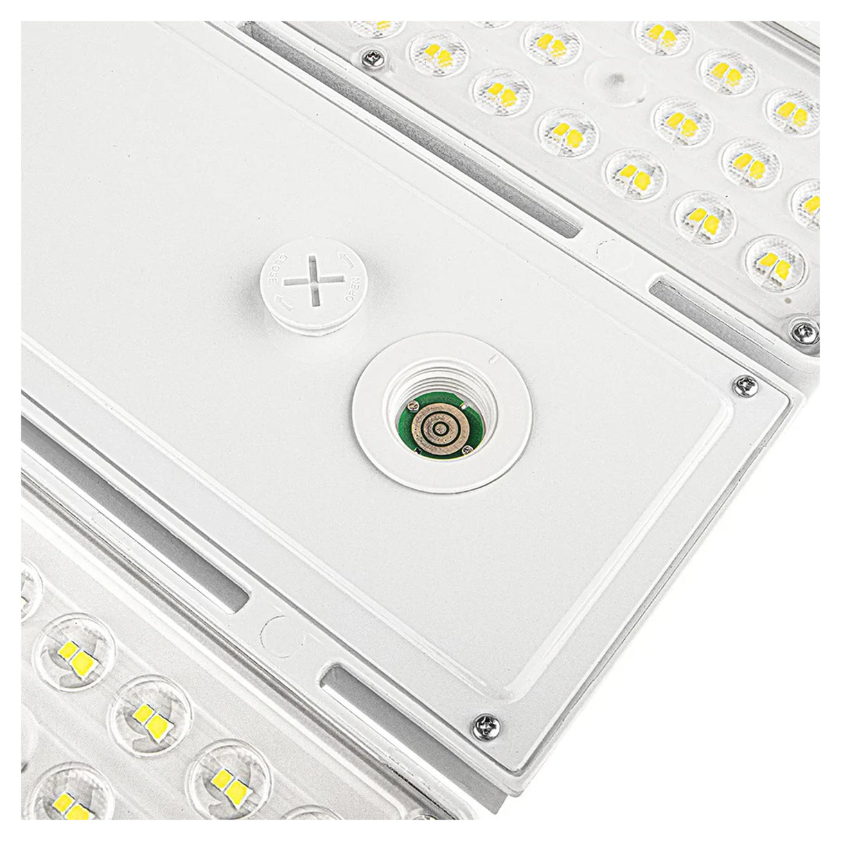 Close-up of a white linear high bay LED fixture with selectable wattage and CCT controls
