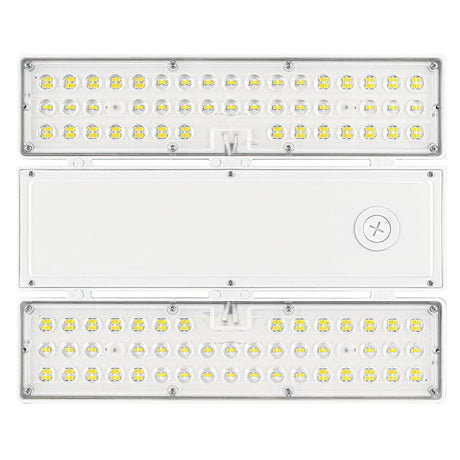 White linear high bay LED light with selectable wattage and CCT, shown with clear lens and LED modules