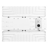 White linear high bay light fixture back view with mounting plate and wiring compartment
