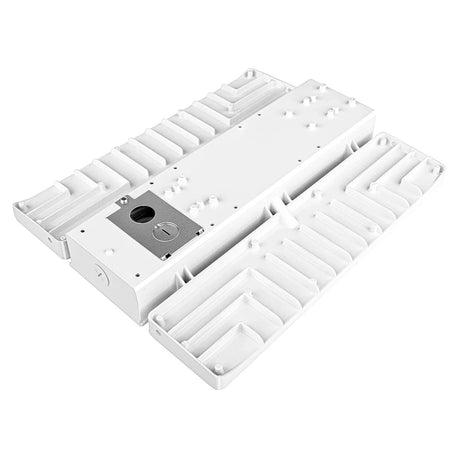 Rear view of a white linear high bay light fixture with integrated heat sink and wiring compartment