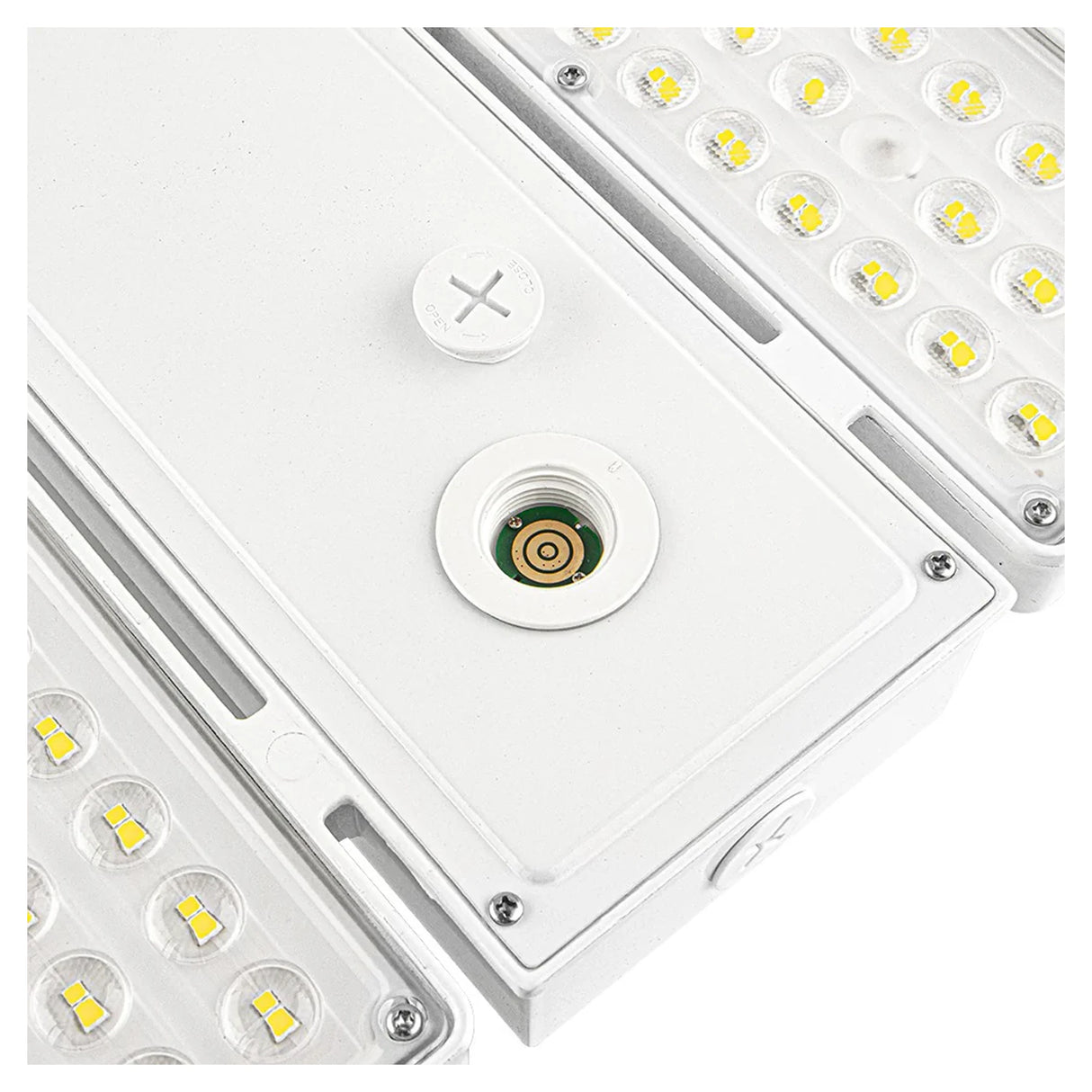 white linear high bay LED fixture with selectable wattage and a central control port