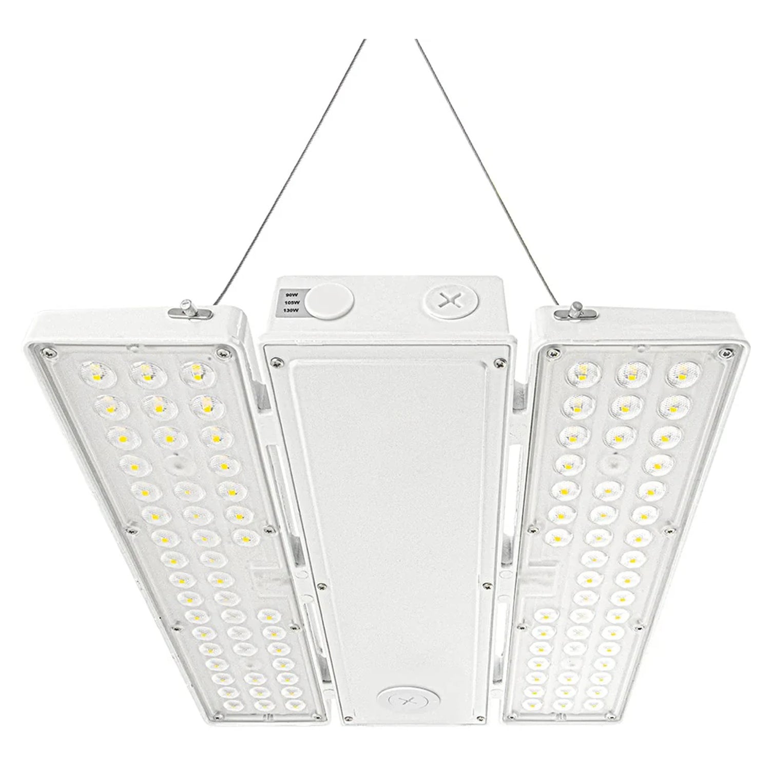 White linear high bay LED light with selectable wattage and hanging wires for industrial ceilings