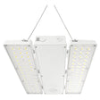 White linear high bay LED light with selectable wattage and hanging wires for industrial ceilings