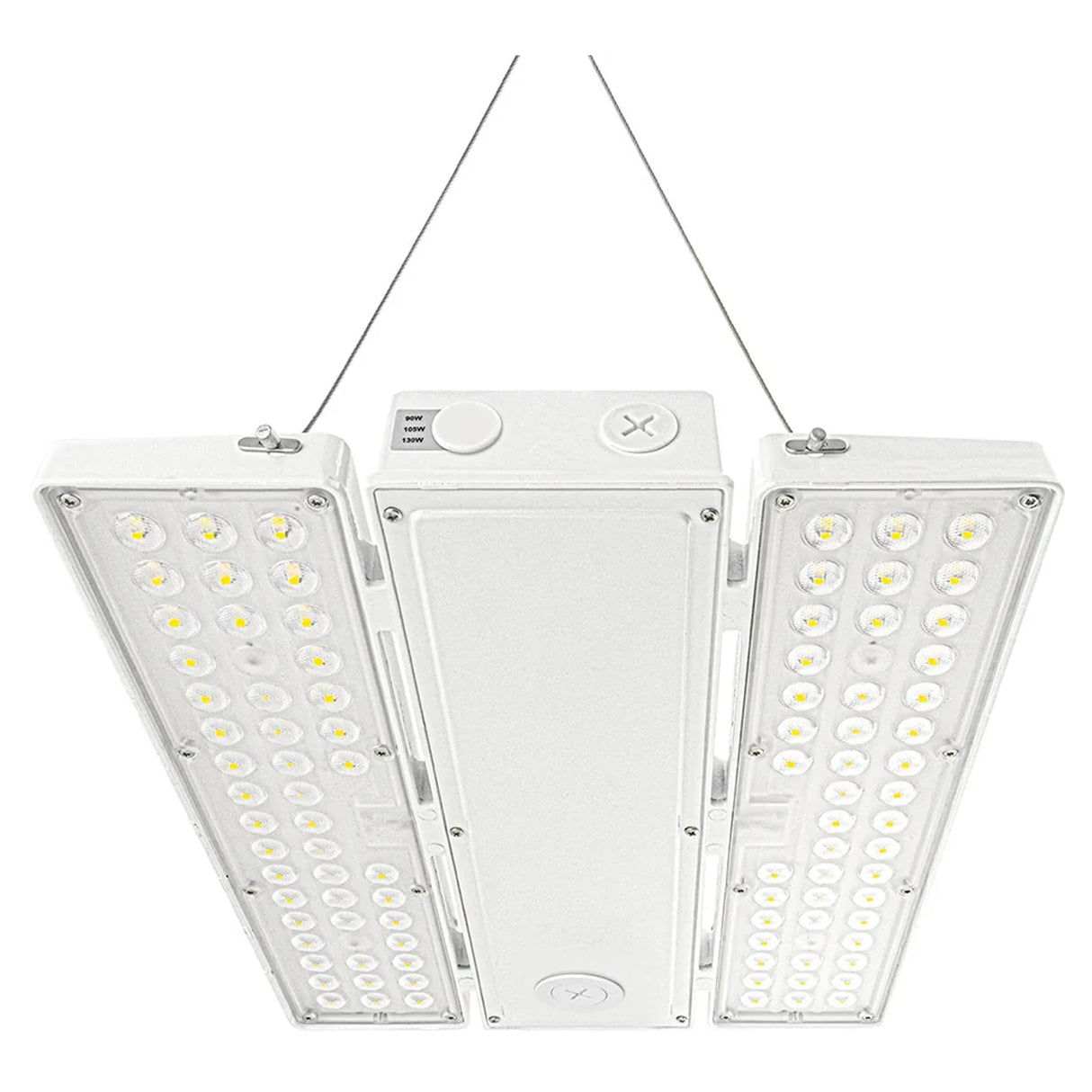 White linear high bay LED light with selectable wattage and hanging wires for industrial ceilings