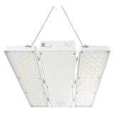 White linear high bay LED light with selectable wattage and hanging wires for industrial ceilings