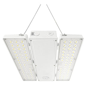 White linear high bay LED light with selectable wattage and hanging wires for industrial ceilings