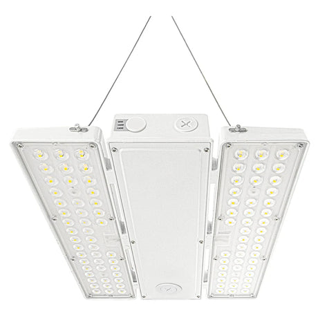 White linear high bay LED light with selectable wattage and hanging wires for industrial ceilings