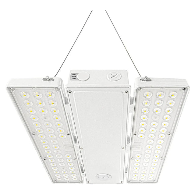 White linear high bay LED light with selectable wattage and hanging wires for industrial ceilings