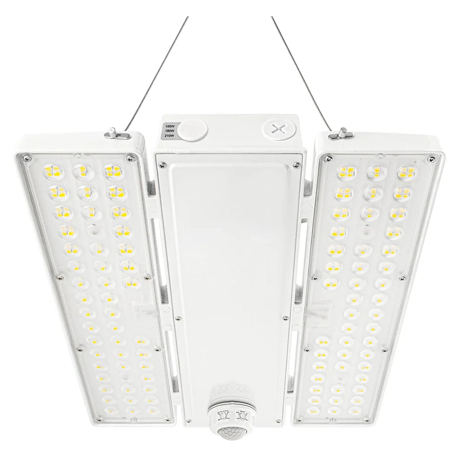 white linear high bay light with selectable wattage, dual led panels, and motion sensor