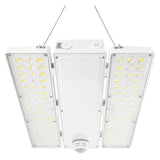 white linear high bay light with selectable wattage, dual led panels, and motion sensor