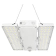 White linear LED high bay light with dual side panels and hanging cables, shown against a white background