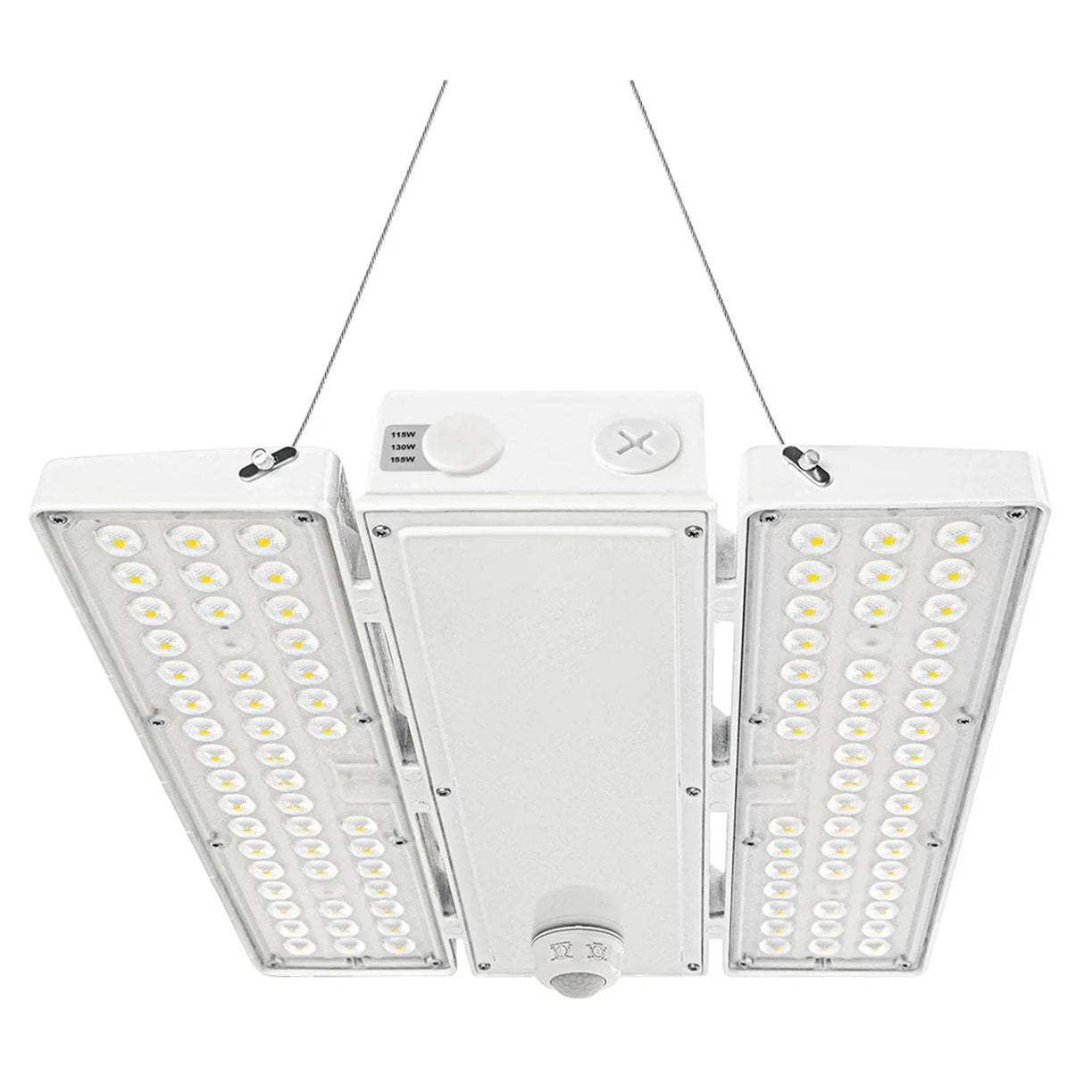 White linear LED high bay light with dual side panels and hanging cables, shown against a white background