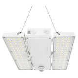 White linear LED high bay light with dual side panels and hanging cables, shown against a white background
